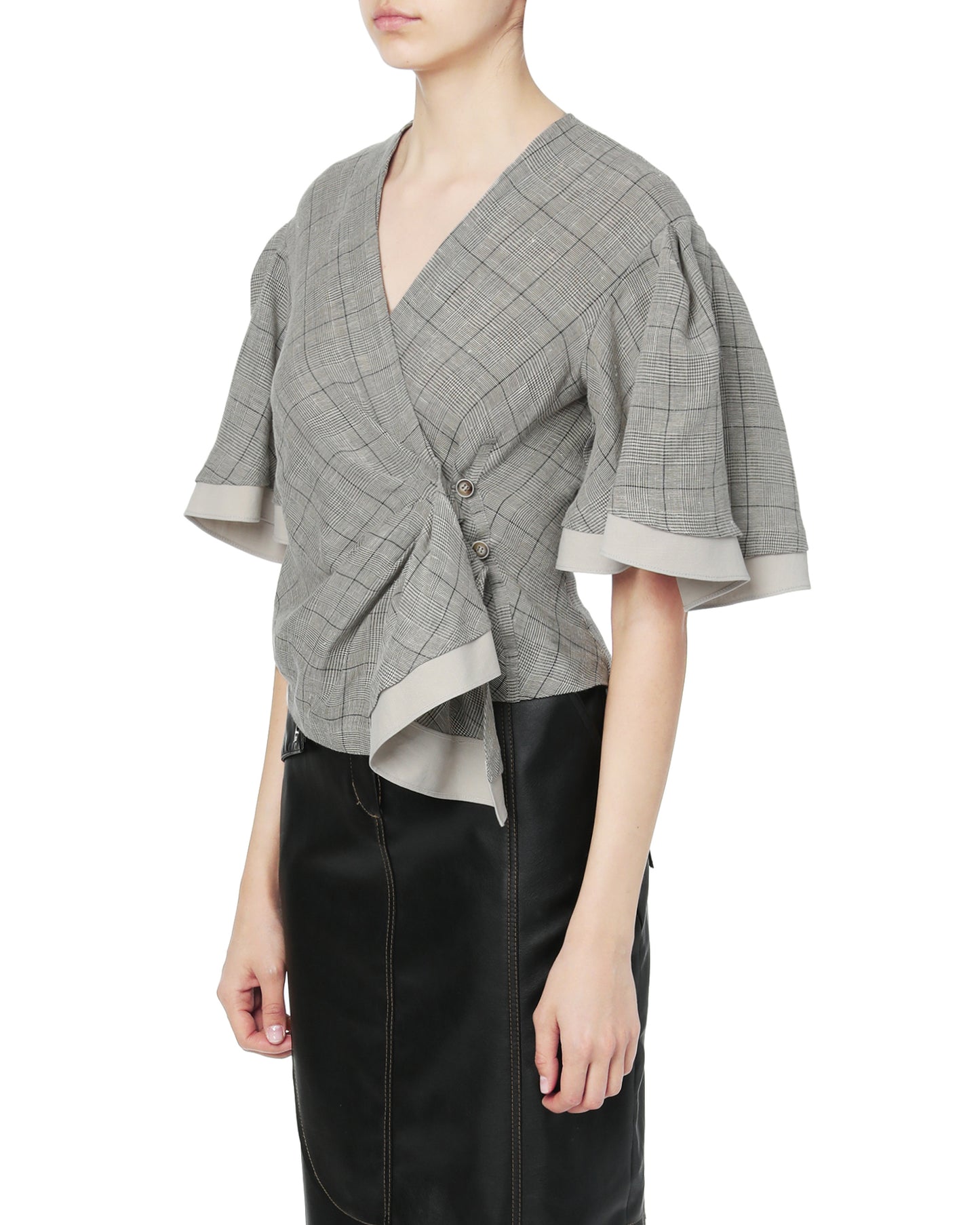 ECHTEGO Ruffle sleeve wrap plaid top