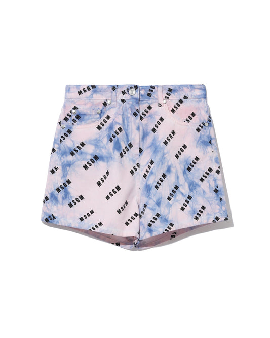 MSGM Tie-dye all-over logo denim shorts