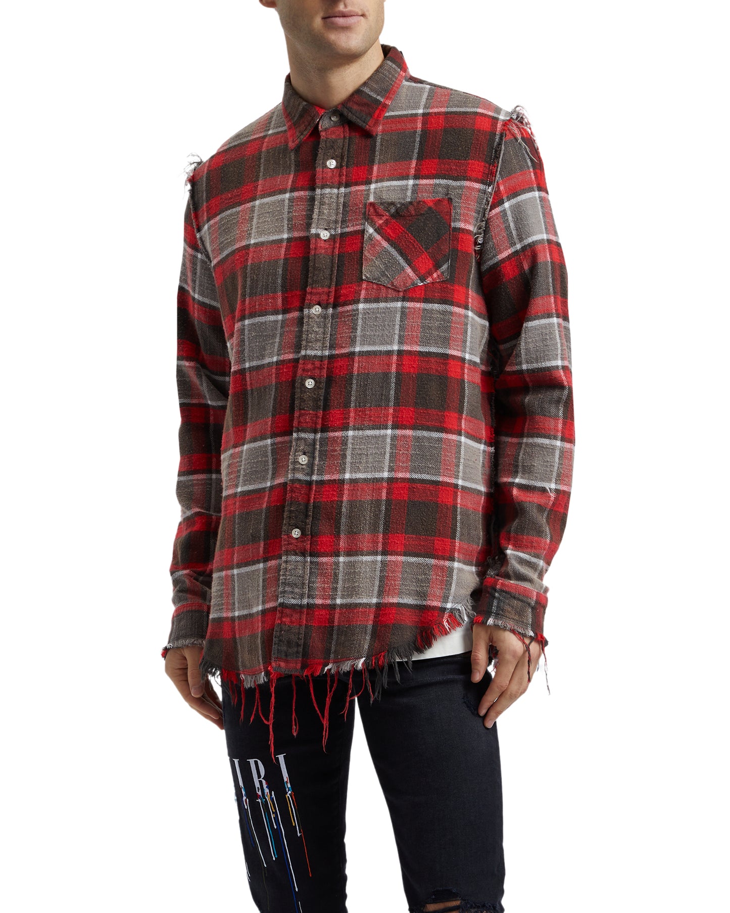 R13 Shredded seam checkers shirt