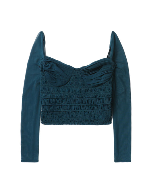 SELF PORTRAIT Teal shirred power mesh top