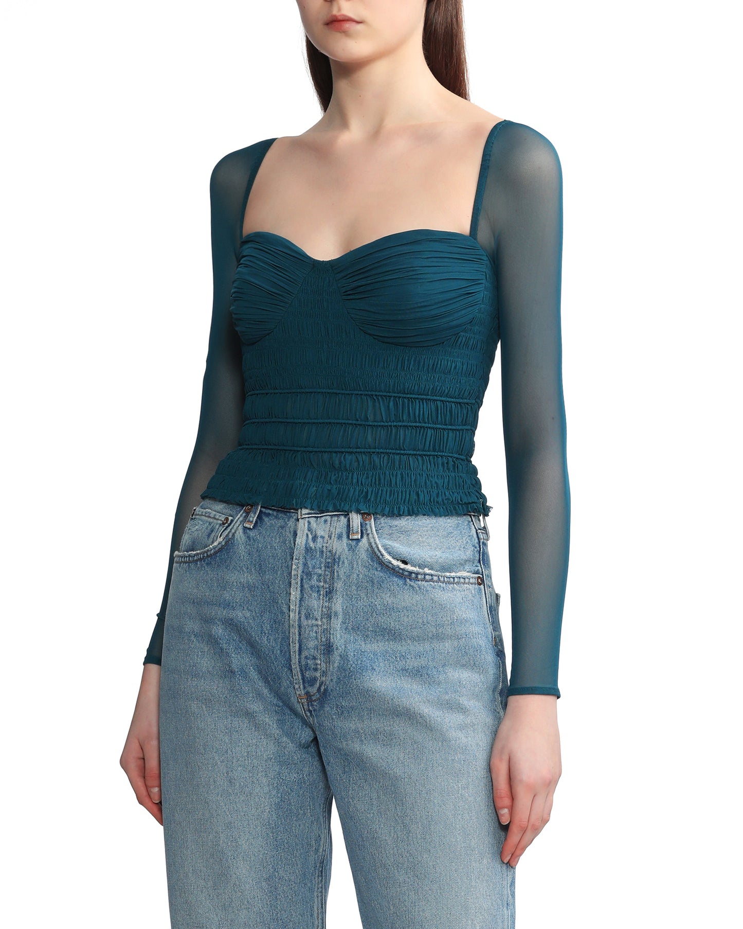 SELF PORTRAIT Teal shirred power mesh top