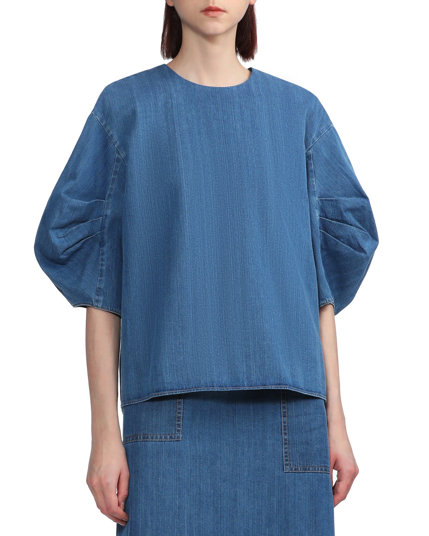 TIBI Summer denim pleat sleeve top