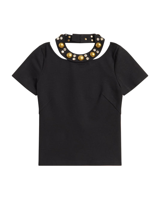 AREA NYC Tee with Crystal Dome Collar & Open Back Detail